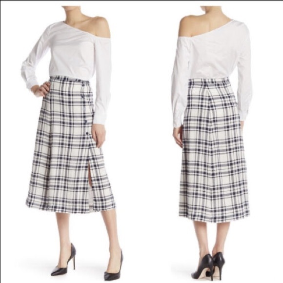 Theory Plaid High Slit Button Down Midi Skirt